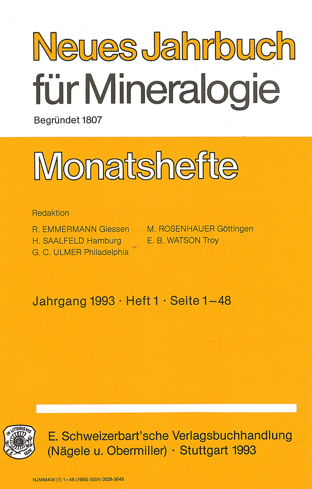 Cover image of:  - Neues Jahrbuch für Mineralogie - Monatshefte Jg. 1993 Heft 1 