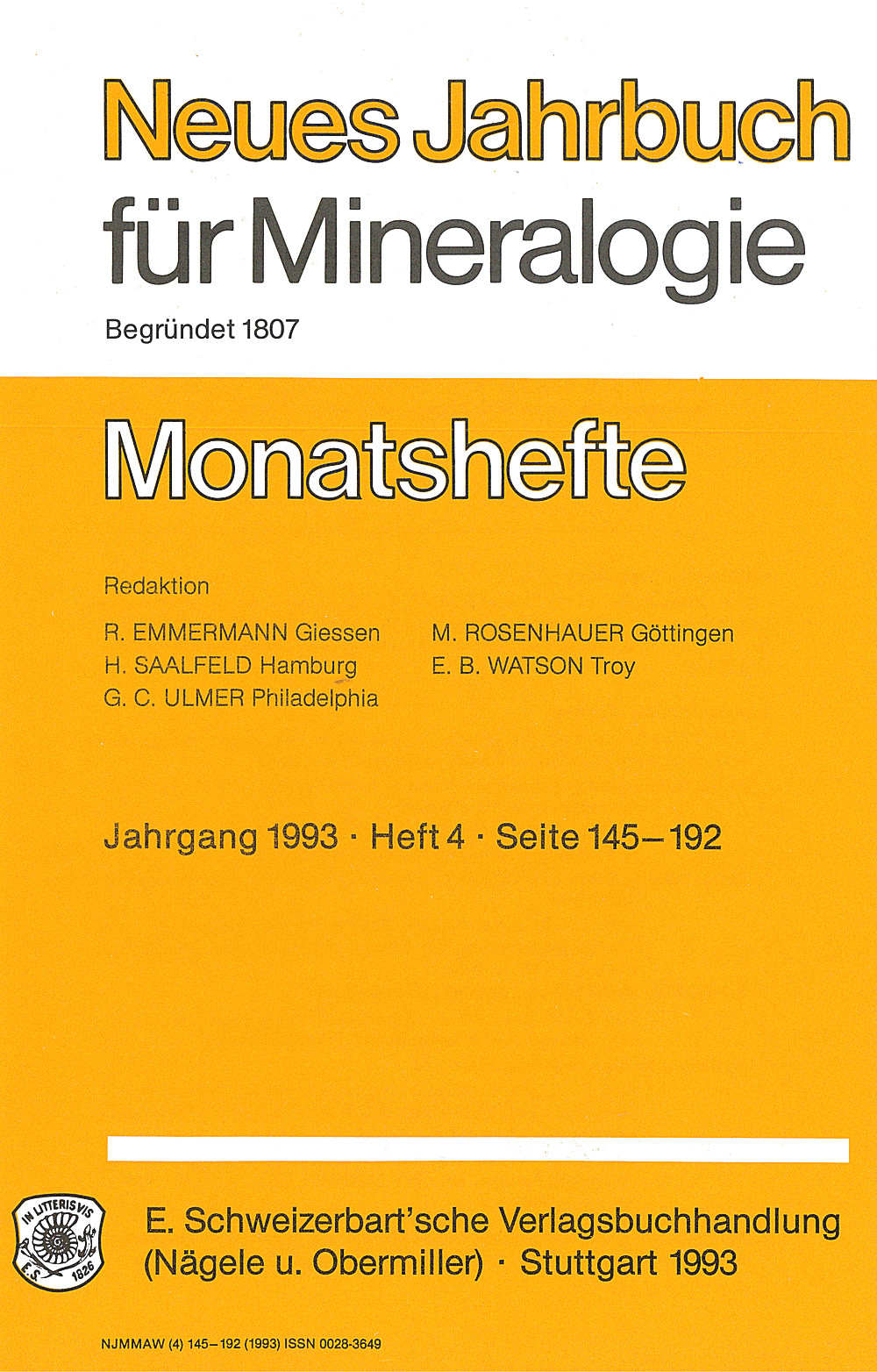 Umschlagbild des Buches:  - Neues Jahrbuch für Mineralogie - Monatshefte Jg. 1993 Heft 4 Monatshefte ( 1 Vol. = 2 Semester/year, 6 nos. = 1 Semester)