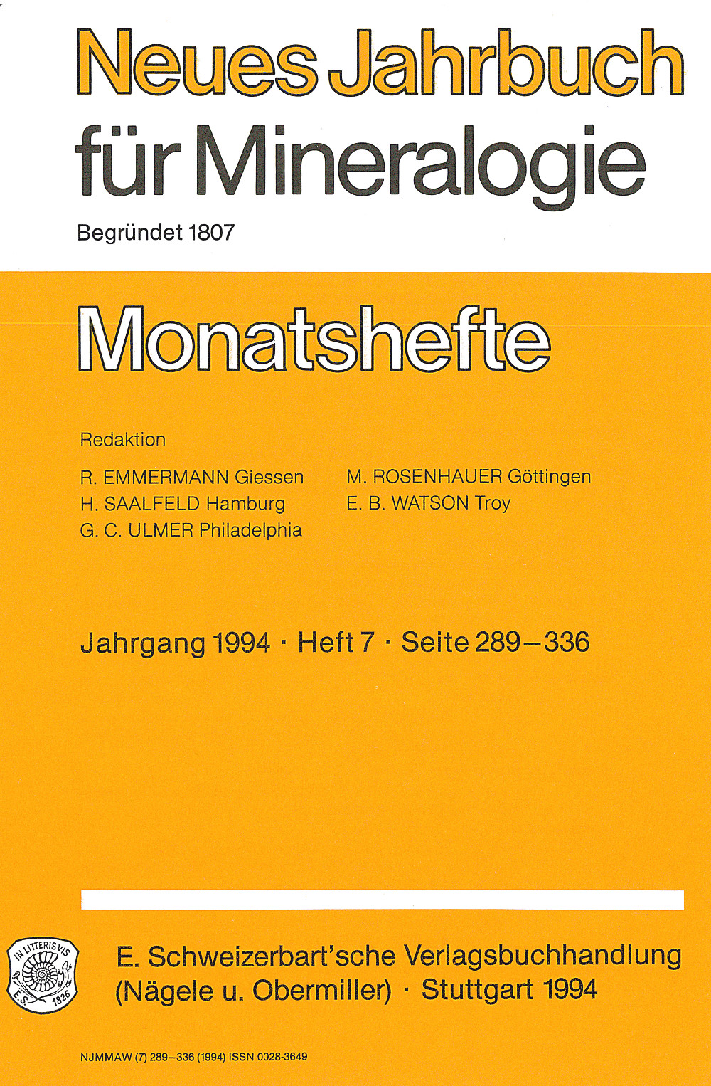 Cover image of: Neues Jahrbuch für Mineralogie - Monatshefte Jg. 1994 Heft 7