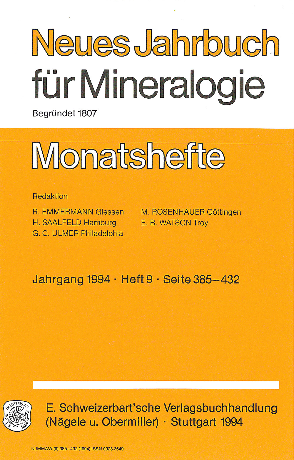 Cover image of: Neues Jahrbuch für Mineralogie - Monatshefte Jg. 1994 Heft 9