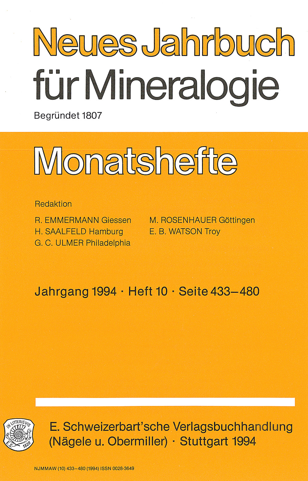 Cover image of: Neues Jahrbuch für Mineralogie - Monatshefte Jg. 1994 Heft 10