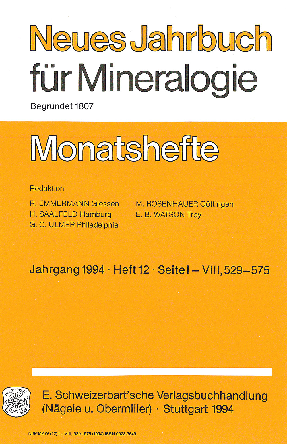 Cover image of: Neues Jahrbuch für Mineralogie - Monatshefte Jg. 1994 Heft 12