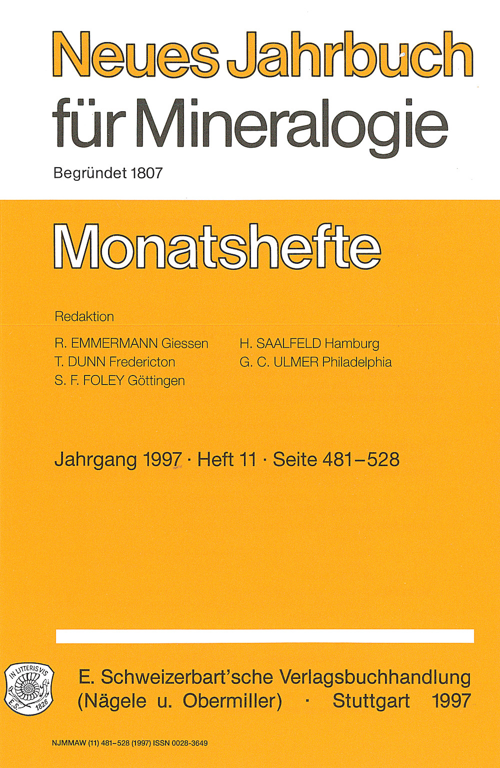 Cover image of: Neues Jahrbuch für Mineralogie - Monatshefte Jg. 1997 Heft 11