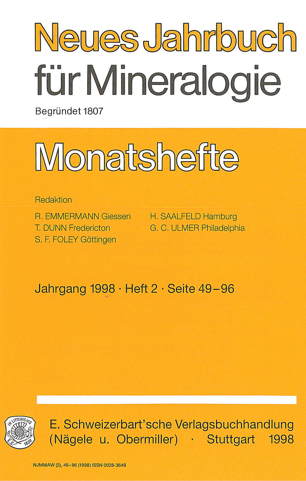 Image de couverture de:  - Neues Jahrbuch für Mineralogie - Monatshefte Jg. 1998 Heft 2 Monatshefte (1 Vol. = 2 Semester/year, 6 Nos. = 1 Semester)