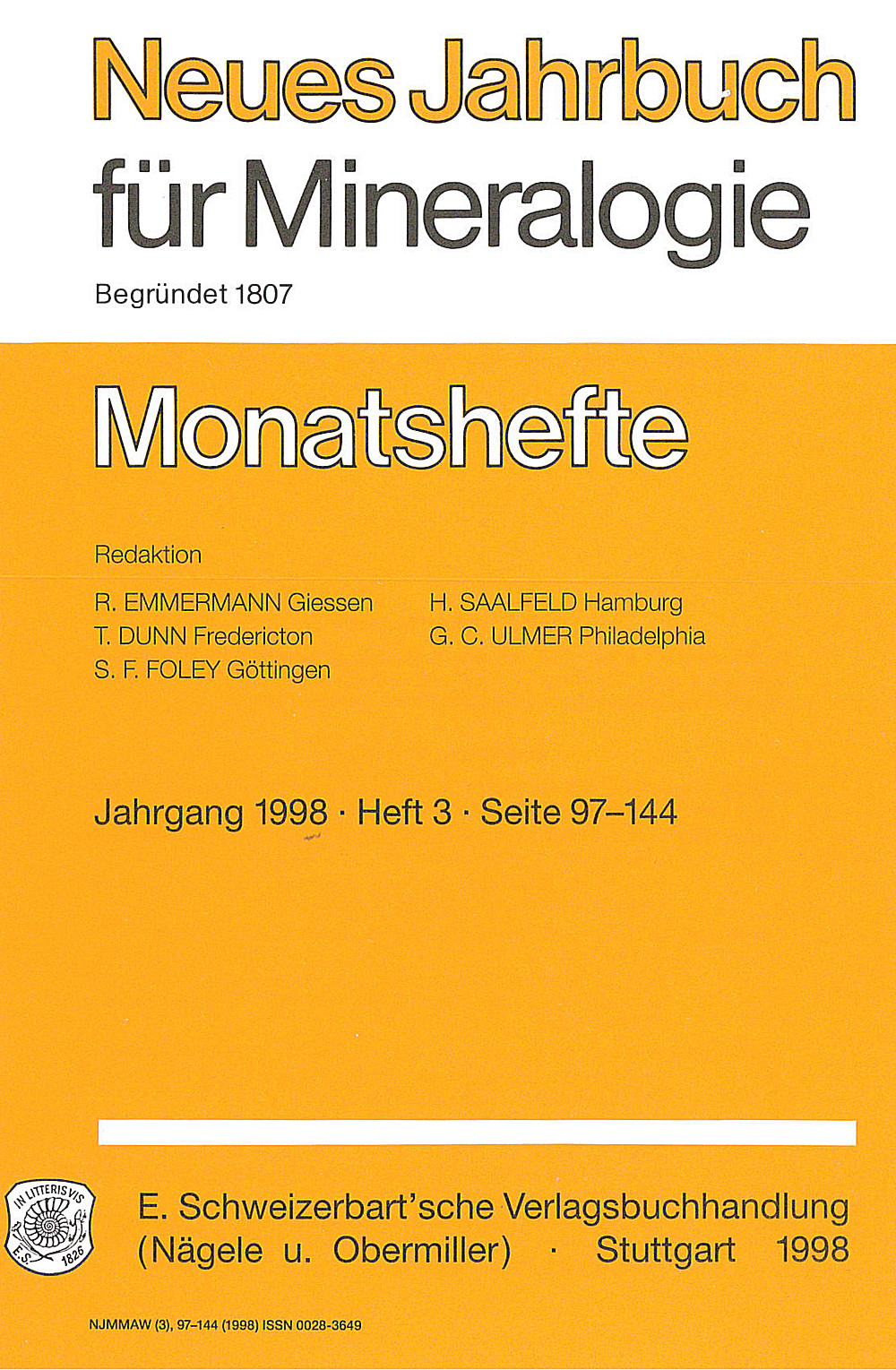 Image de couverture de: - Neues Jahrbuch für Mineralogie - Monatshefte Jg. 1998 Heft 3 Monatshefte (1 Vol. = 12 Nos./year)