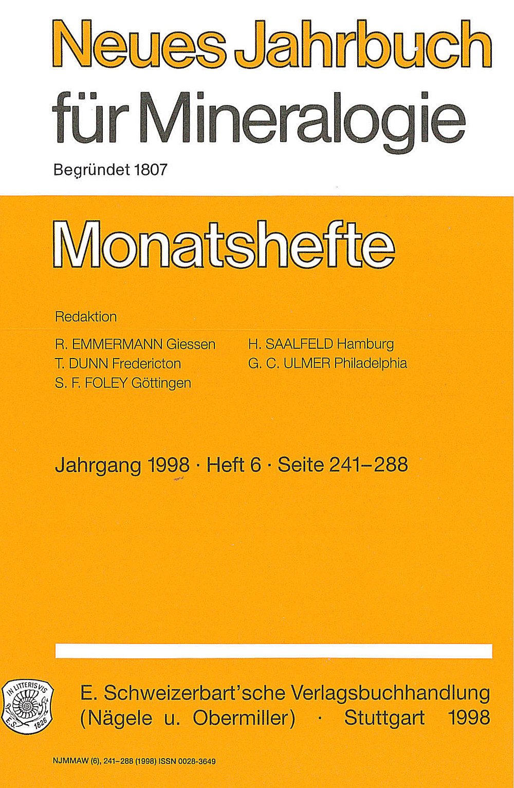 Image de couverture de:  - Neues Jahrbuch für Mineralogie - Monatshefte Jg. 1998 Heft 6 Monatshefte (1 Vol. = 12 Nos./year)