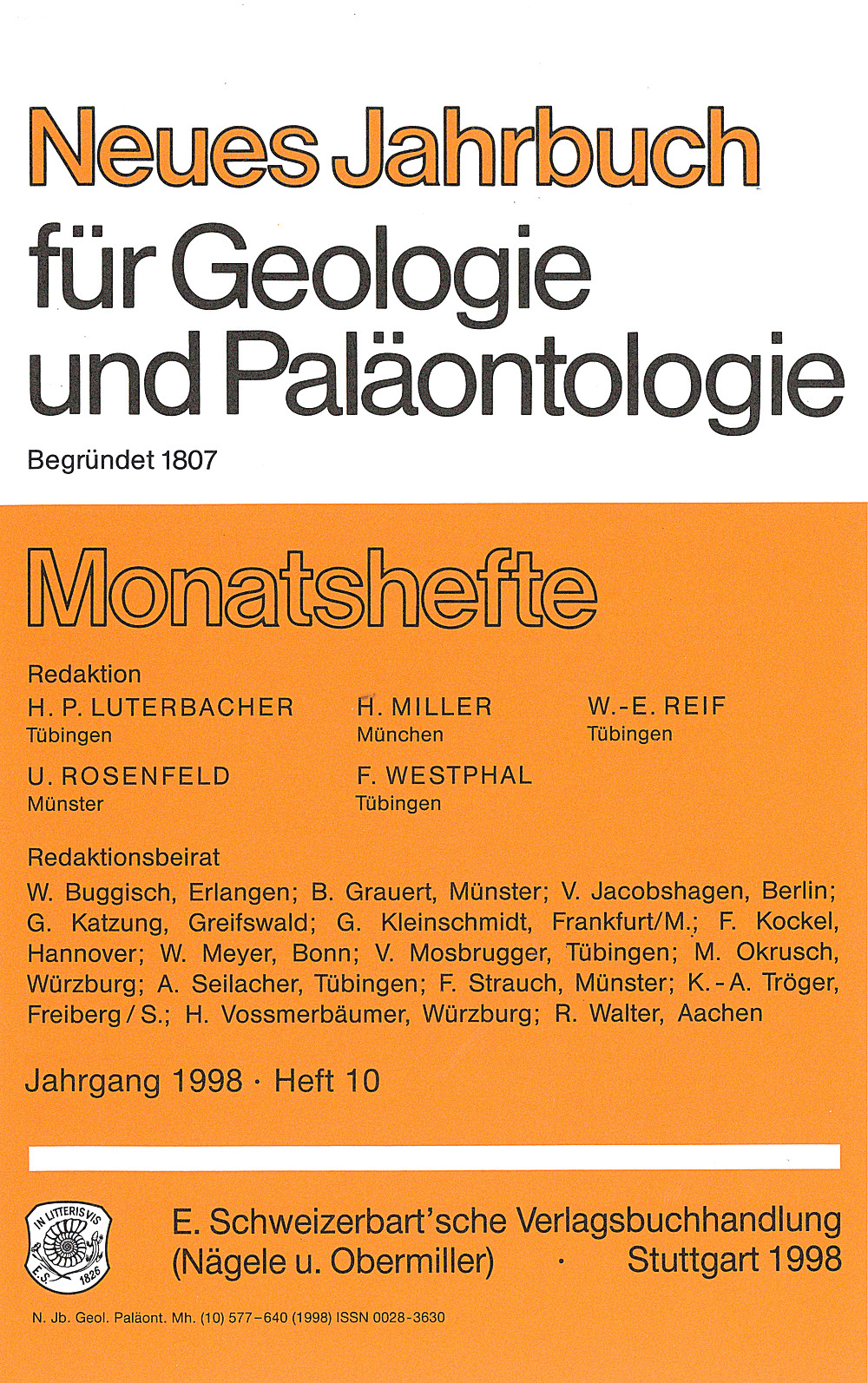 Cover image of: - Neues Jahrbuch für Mineralogie - Monatshefte Jg. 1998 Heft 10 Monatshefte (1 Vol. = 12 Nos./year)