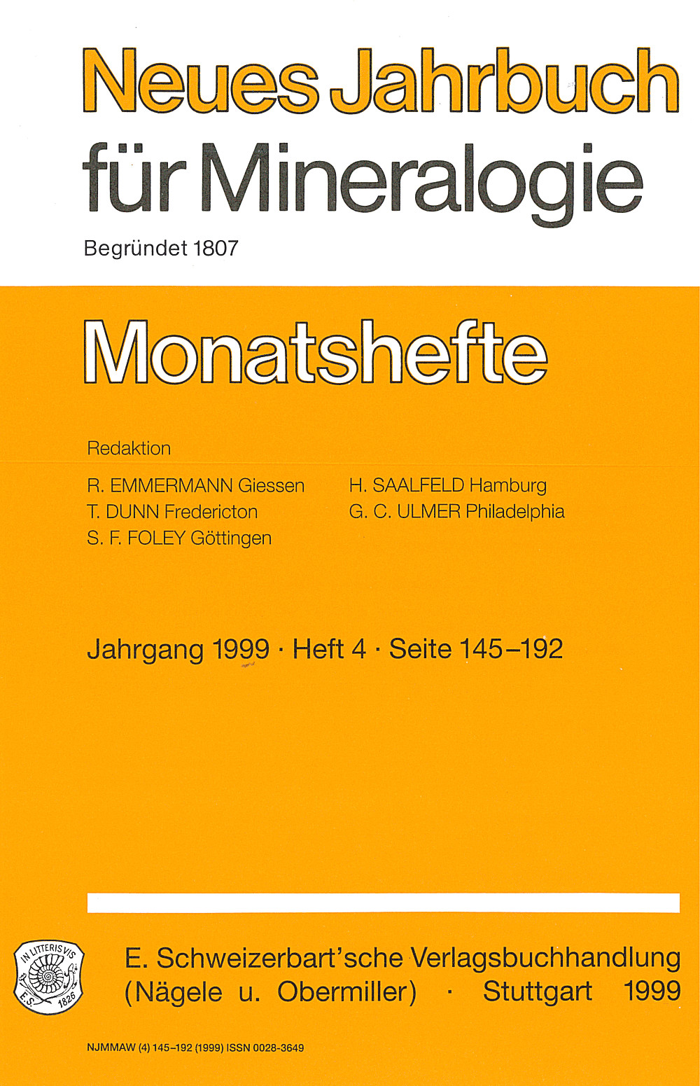 Cover image of:  - Neues Jahrbuch für Mineralogie - Monatshefte Jg. 1999 Heft 4 