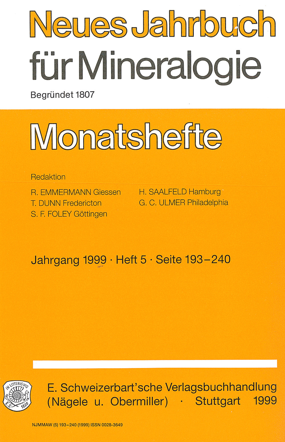 Cover image of:  - Neues Jahrbuch für Mineralogie - Monatshefte Jg. 1999 Heft 5 