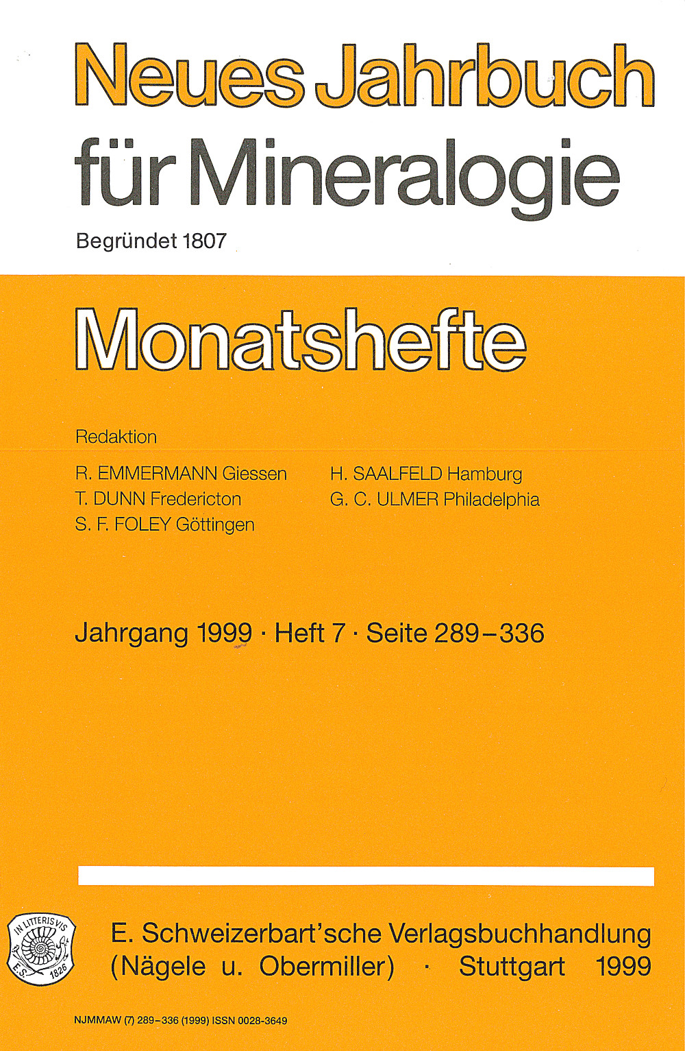 Cover image of:  - Neues Jahrbuch für Mineralogie - Monatshefte Jg. 1999 Heft 7 