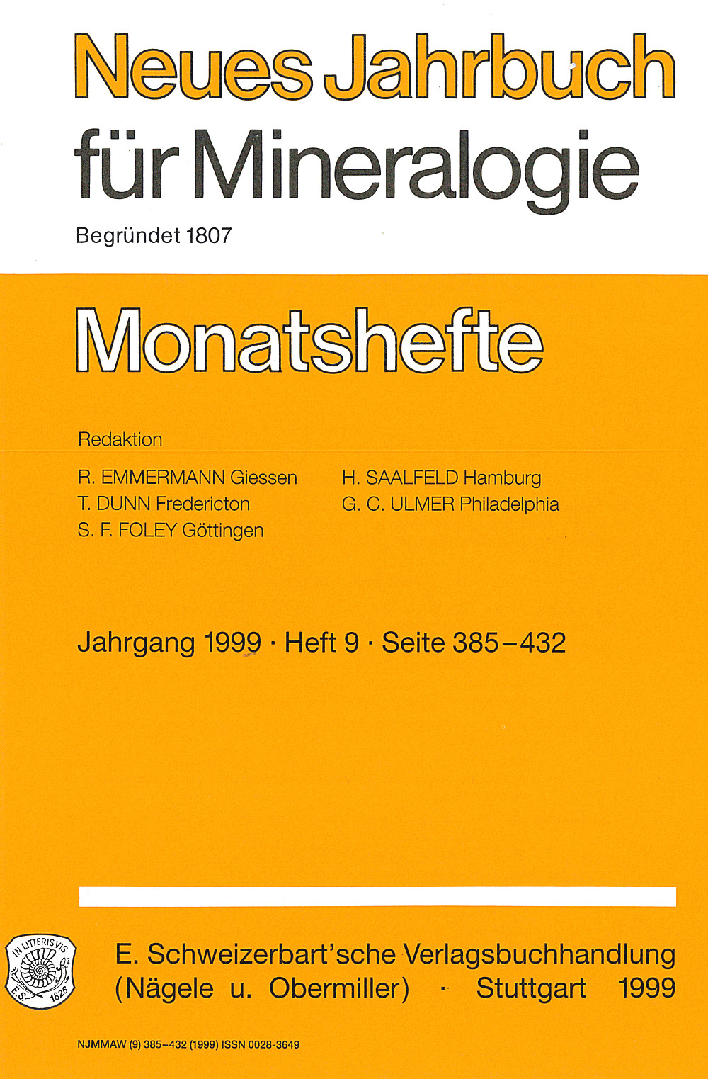 Cover image of:  - Neues Jahrbuch für Mineralogie - Monatshefte Jg. 1999 Heft 9 