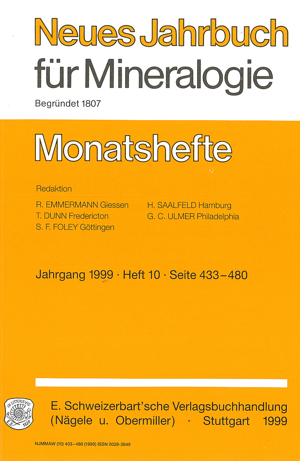 Cover image of:  - Neues Jahrbuch für Mineralogie - Monatshefte Jg. 1999 Heft 10 