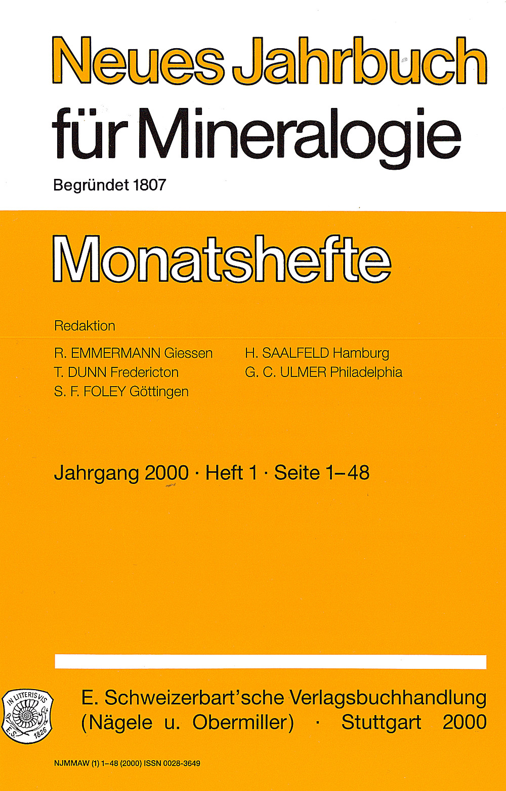 Cover image of:  - Neues Jahrbuch für Mineralogie - Monatshefte Jg. 2000 Heft 1 