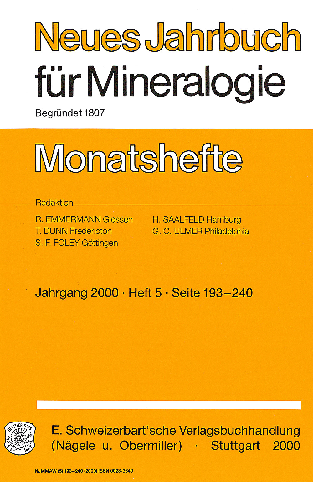 Cover image of:  - Neues Jahrbuch für Mineralogie - Monatshefte Jg. 2000 Heft 5 