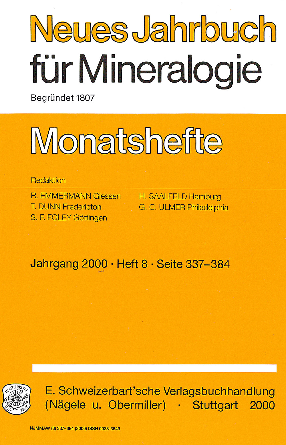 Umschlagbild des Buches:  - Neues Jahrbuch für Mineralogie - Monatshefte Jg. 2000 Heft 8 
