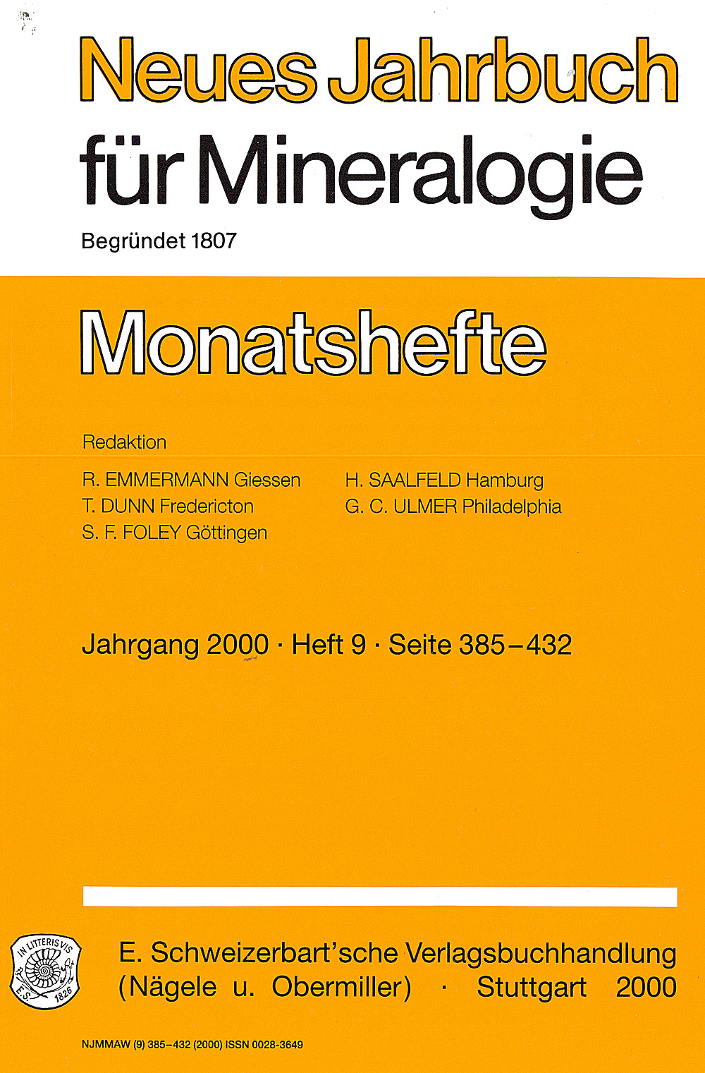 Image de couverture de:  - Neues Jahrbuch für Mineralogie - Monatshefte Jg. 2000 Heft 9 