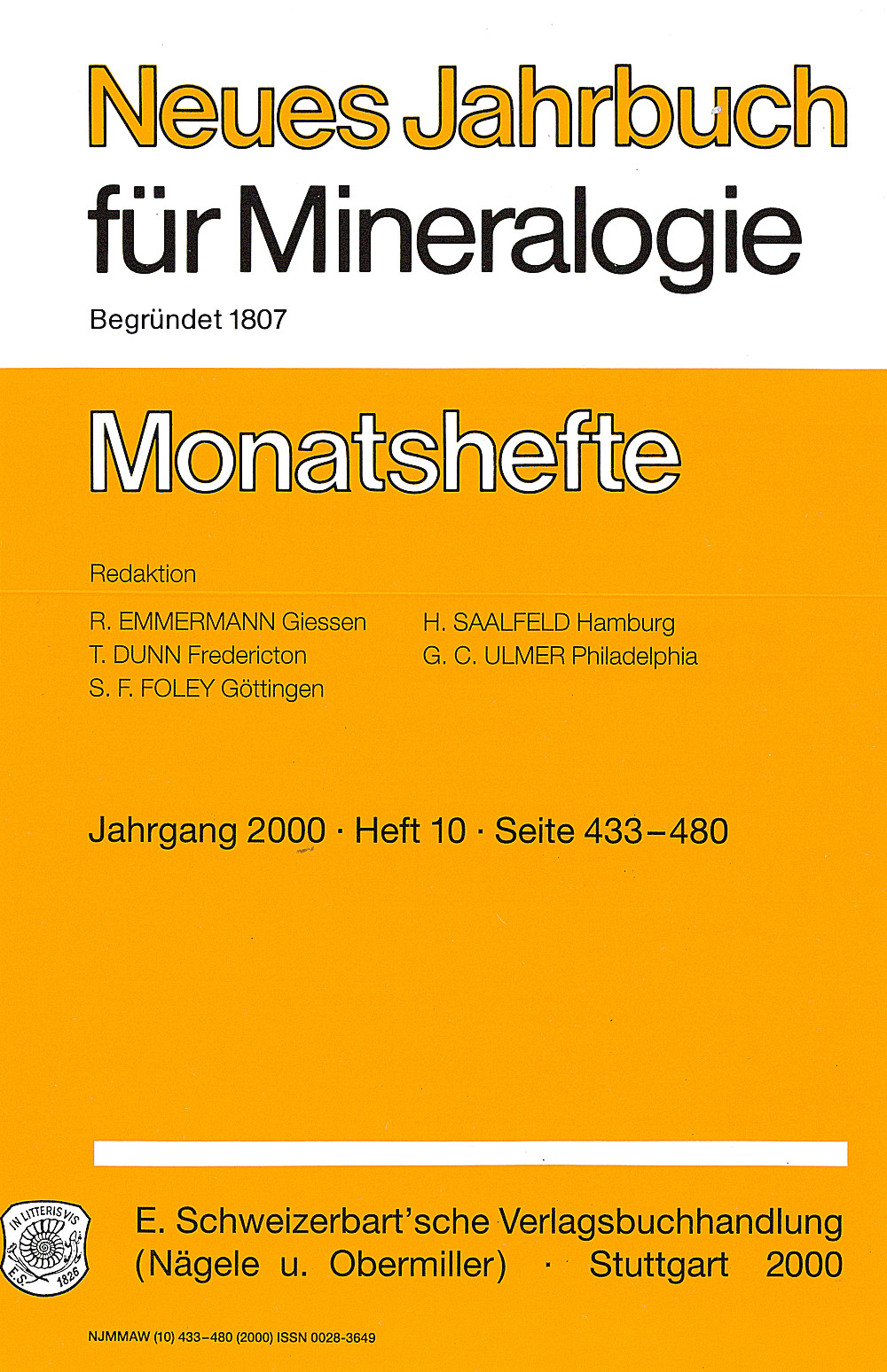 Cover image of:  - Neues Jahrbuch für Mineralogie - Monatshefte Jg. 2000 Heft 10 