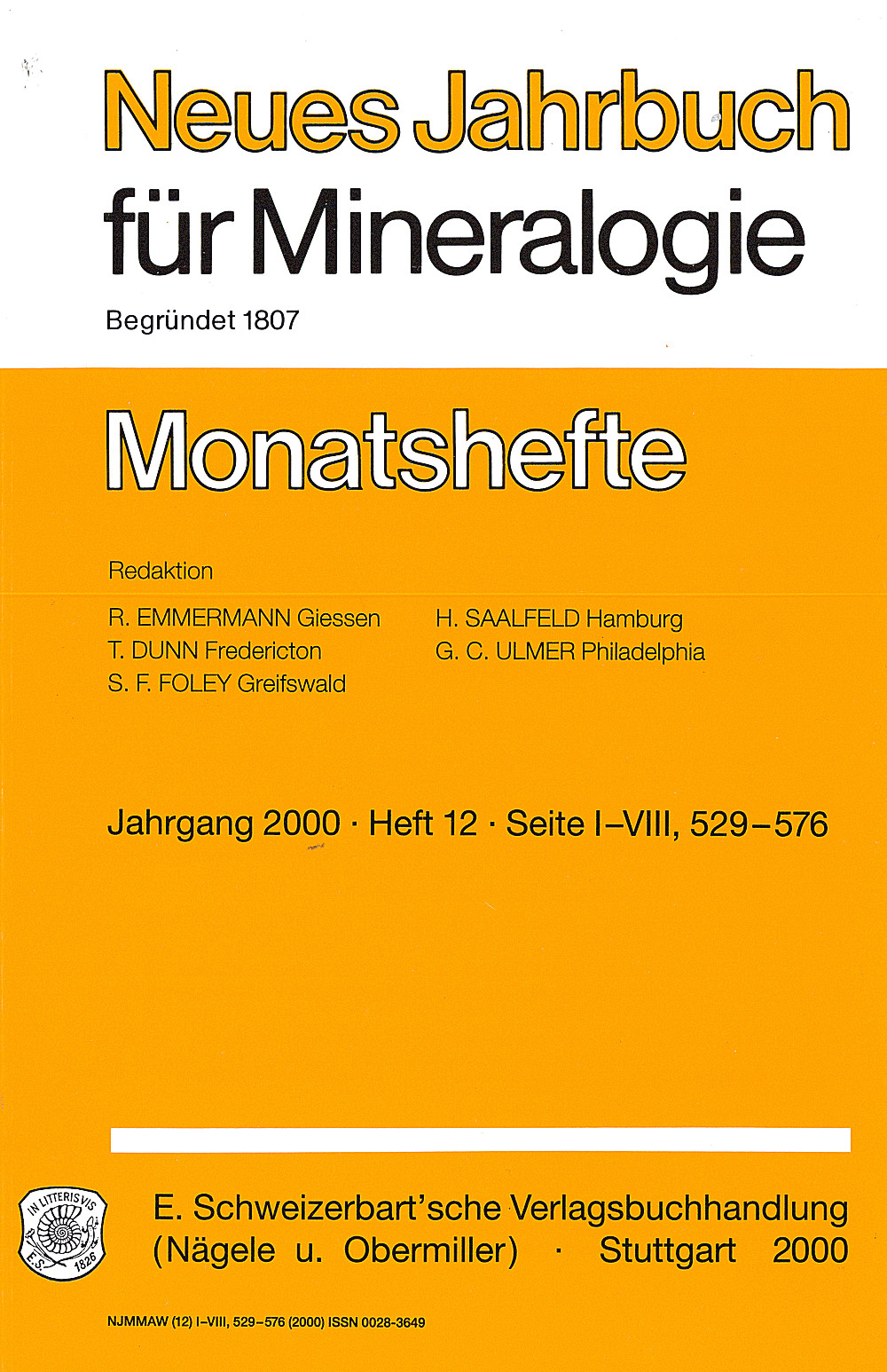Cover image of:  - Neues Jahrbuch für Mineralogie - Monatshefte Jg. 2000 Heft 12 