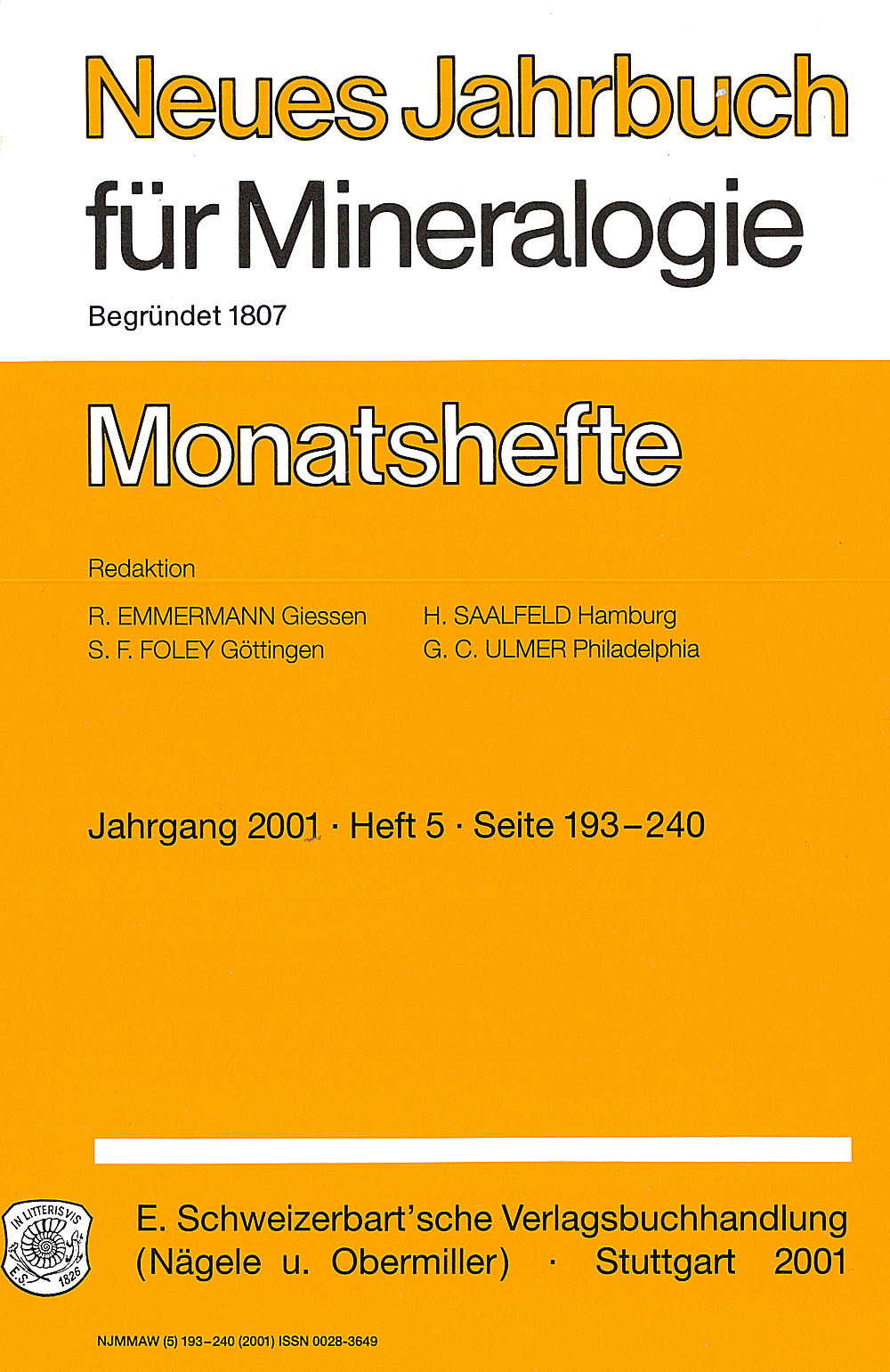 Cover image of:  - Neues Jahrbuch für Mineralogie - Monatshefte Jg. 2001 Heft 5 