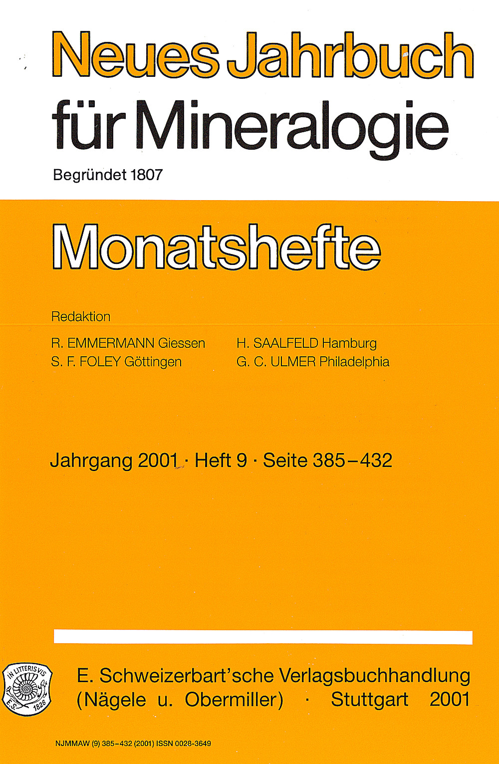 Cover image of:  - Neues Jahrbuch für Mineralogie - Monatshefte Jg. 2001 Heft 9 