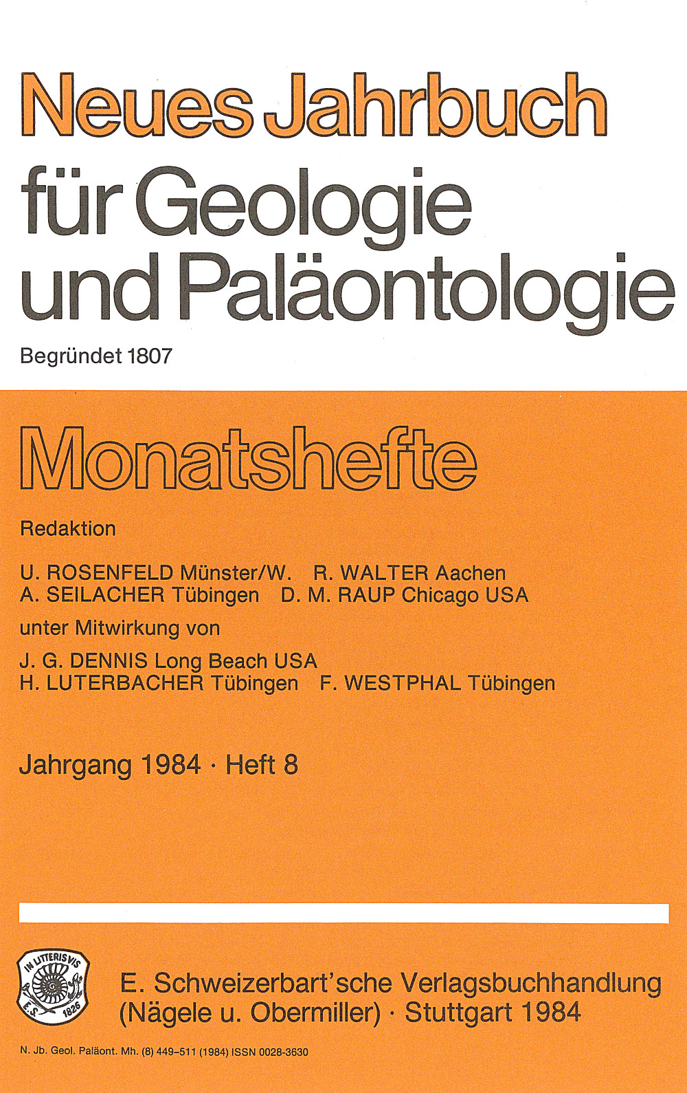 Umschlagbild des Buches: Neues Jahrbuch für Geologie und Paläontologie - Monatshefte Jg. 1984 Heft 8