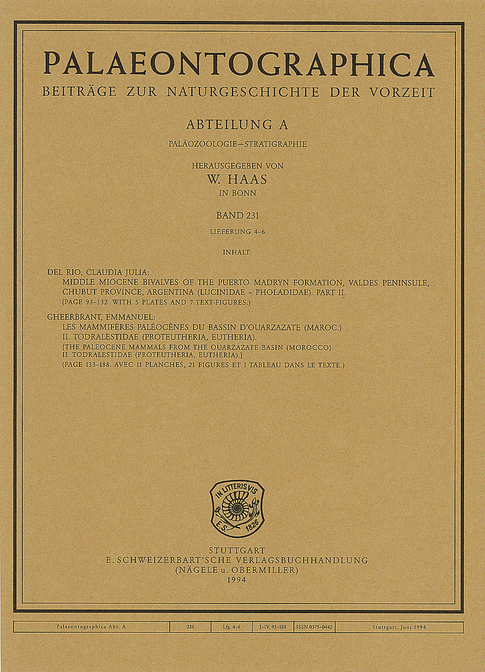 Cover image of: Palaeontographica Abteilung A Band 231 Lieferung 4-6