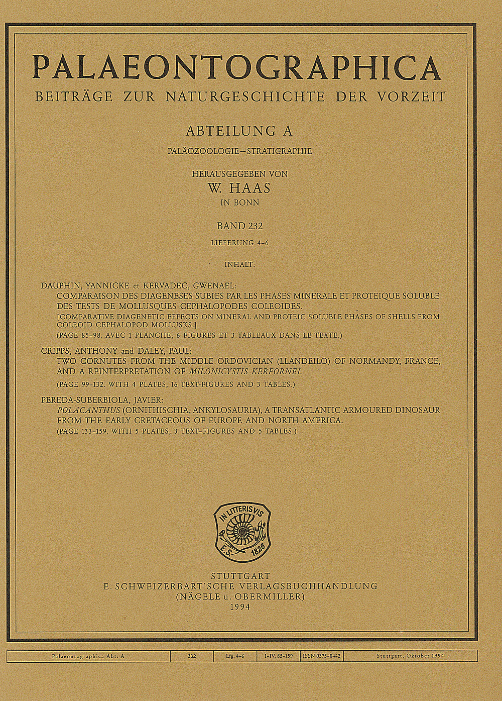 Cover image of: Palaeontographica Abteilung A Band 232 Lieferung 4-6