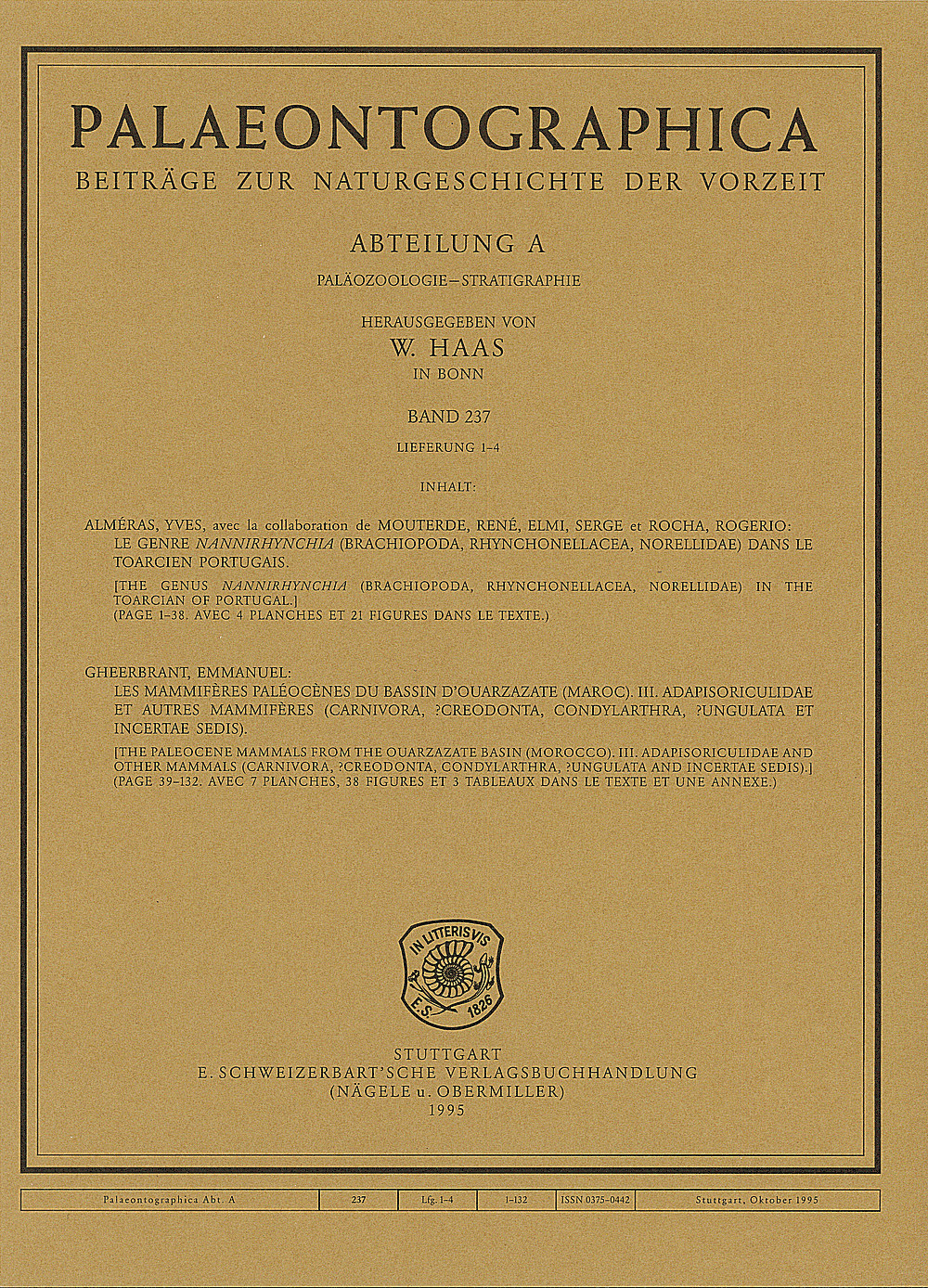 Cover image of: Palaeontographica Abteilung A Band 237 Lieferung 1-4