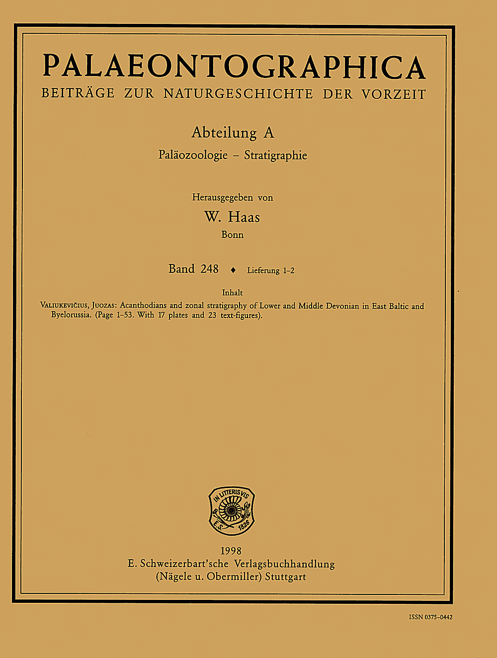 Umschlagbild des Buches: Palaeontographica Abteilung A Band 248 Lieferung 1-2