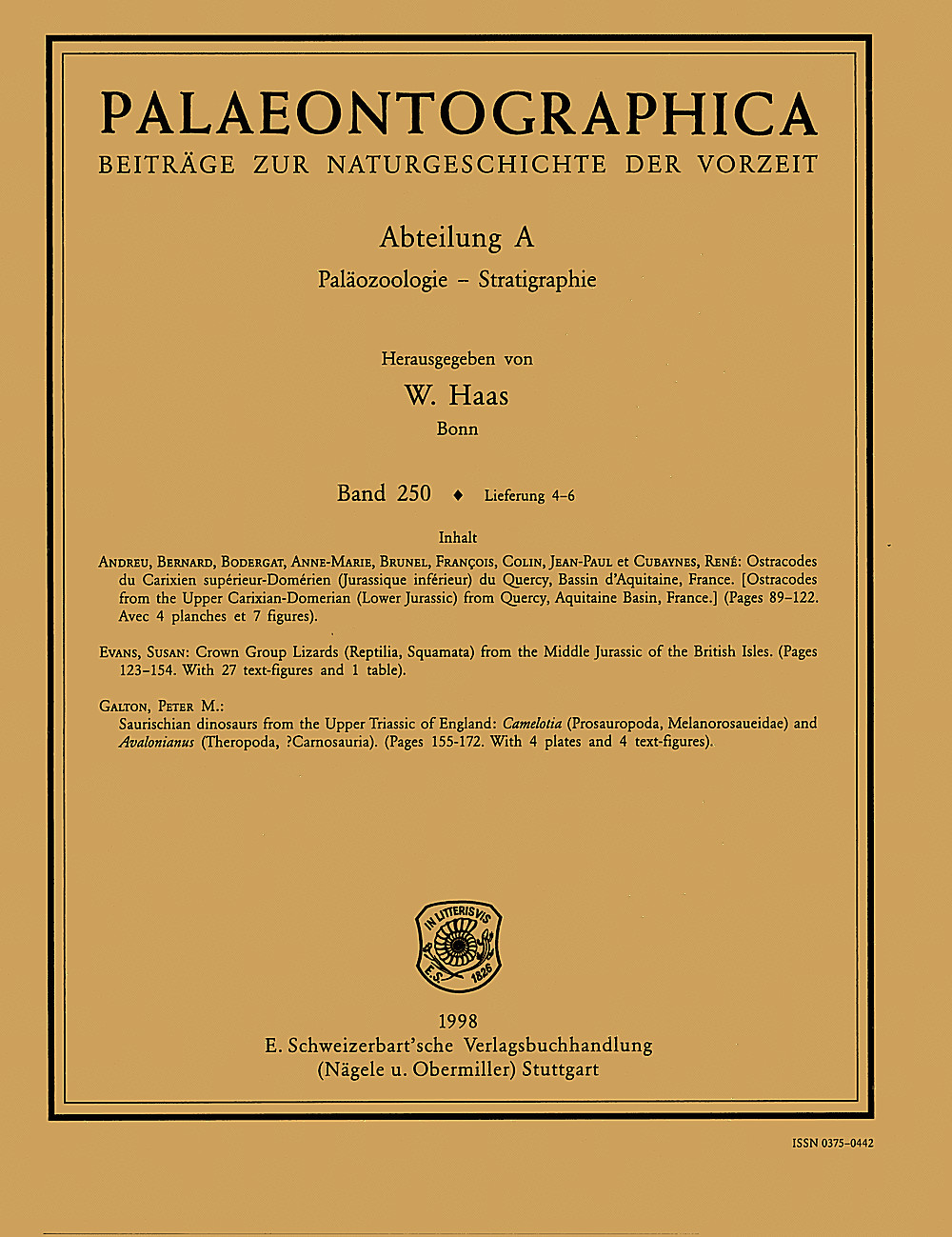 Cover image of: Palaeontographica Abteilung A Band 250 Lieferung 4-6