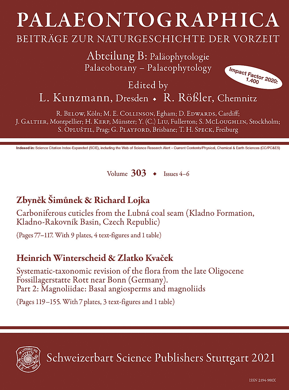 Cover image of: Palaeontographica Abteilung B Volume 303 Issue 4-6