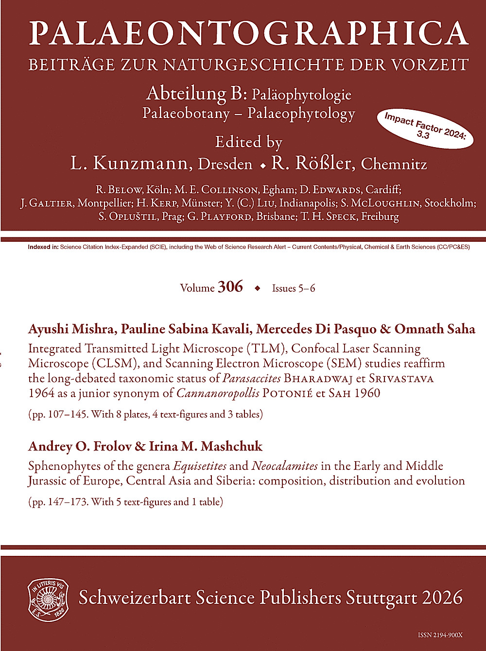 Cover image of: Palaeontographica Abteilung B Volume 306 Issue 5-6