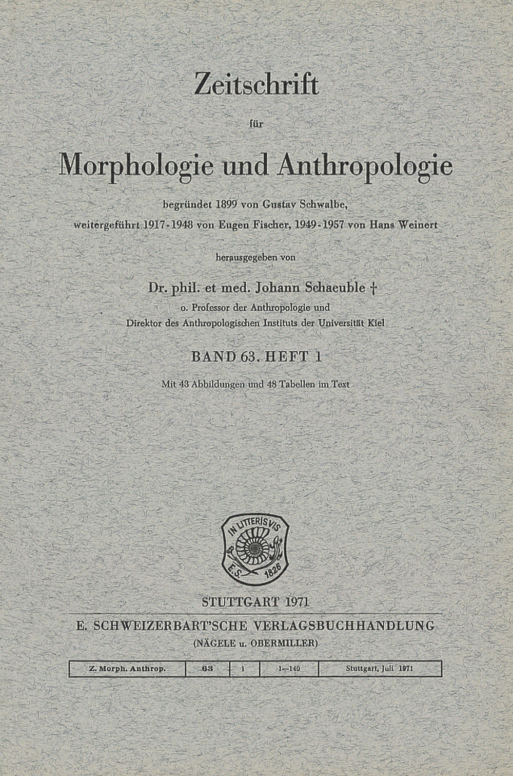 Image de couverture de: Zeitschrift für Morphologie und Anthropologie Band 63 Heft 1