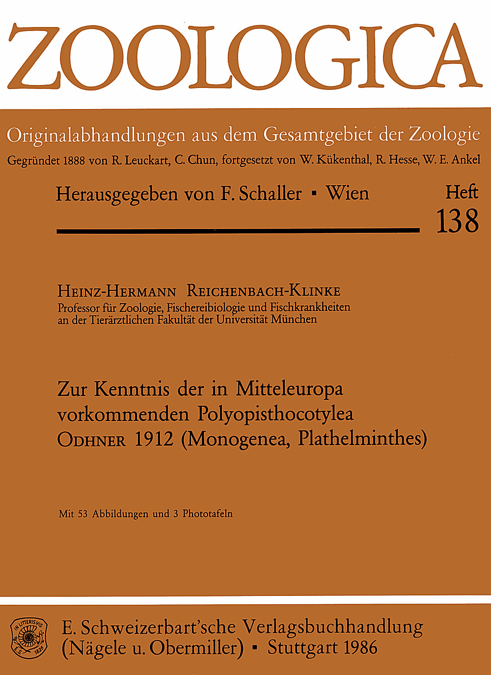 Image de couverture de: Heinz-Hermann Reichenbach-Klinke - Zur Kenntnis der in Mitteleuropa vorkommenden Polyopisthocothylea ODHNER 1912 (Monogenea, Plathelminthes)