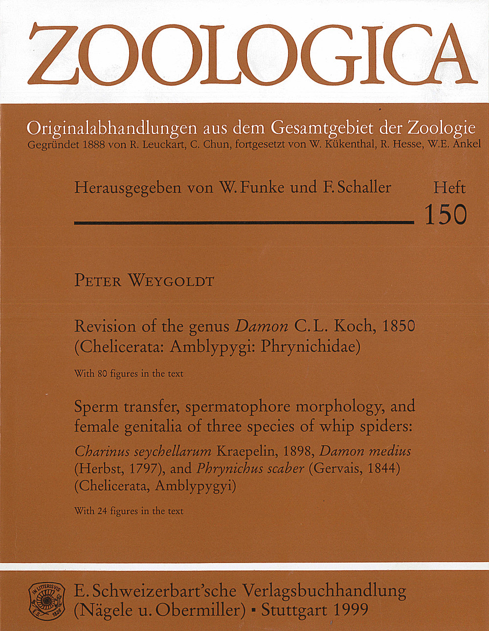 Cover image of: Peter Weygoldt - Revision of the genus <i>Damon</i> C. L. Koch, 1850 (Chelicerata:
Amblypygi: Phrynichidae).
Sperm transfer, spermatophore morphology, and female genitalia
of three species of whip spiders
 <i> Charinus seychellarum </i> Kraepelin, 1898, <i>Damon
medius</i> (Herbst, 1797), and <i>Phrynichius scaber</i>
(Gervais, 1844). (Chelicerata, Amblypygi)