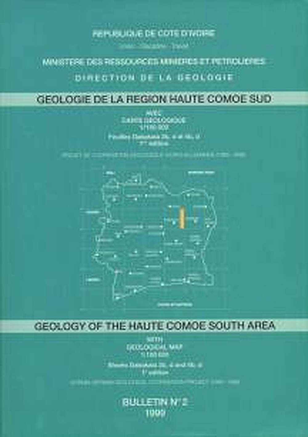 Umschlagbild des Buches: G. Lüdtke; W. Hirdes; K.G. Konan; Y. Koné; D. N'Da; ; Y. Traoré; Z.B. Zamblé - Géologie de la Region Haute Comoe Sud /Geology of the Haute 
Comoe South Area avec Carte Géologique à 1/100 000 Feuilles <i>Dabakala</i> 
2b,d et 4b,d 1ère edition. Projet de Coopération Géologique 
Ivoiro-Allemande (1995-1996). Bulletin No. 2