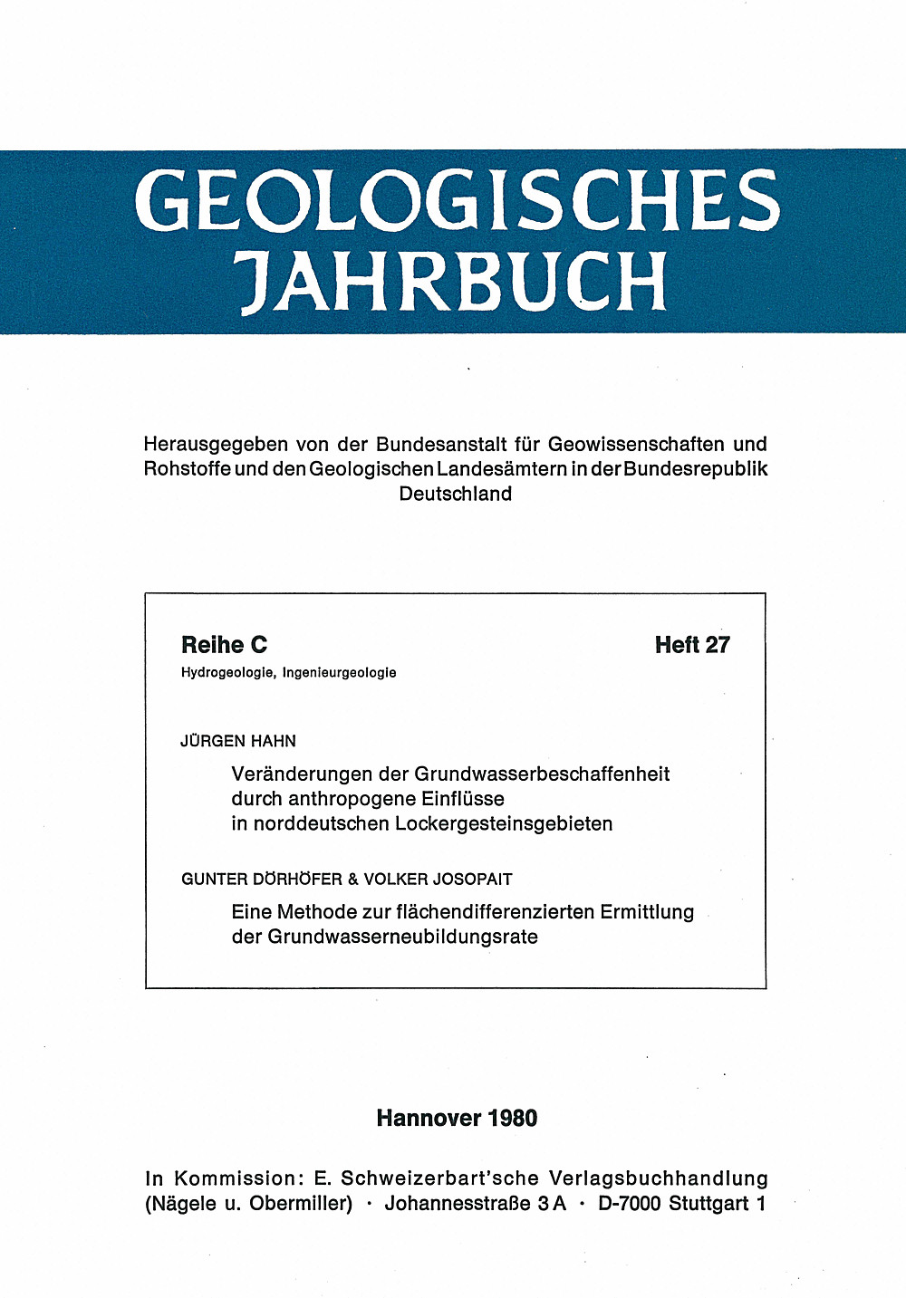 Cover image of: J. Hahn; Günther Dörhöfer; V. Josopait - Veränderungen der Grundwasserbeschaffenheit durch 
anthropogene Einflüsse in norddeutschen
 Lockergesteingebieten Eine Methode zur flächendifferenzierten Ermittlung der
Grundwasserneubildungsrate