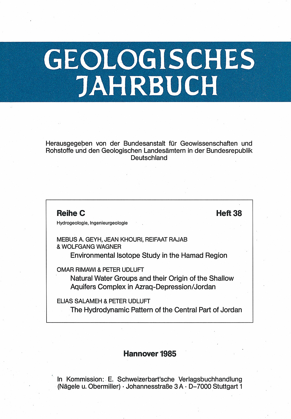 Cover image of: M. Geyh; W. Wagner; E. Rimani; P. Udluft; E. Salameh - Environmental Isotope Study in the Hamad Region.
Natural Water Groups and their Origin of the Shallow 
Aquifers Complex in Azraq-Depression, Jordan. 
The Hydrodynamic Pattern of the Central Part of Jordan 