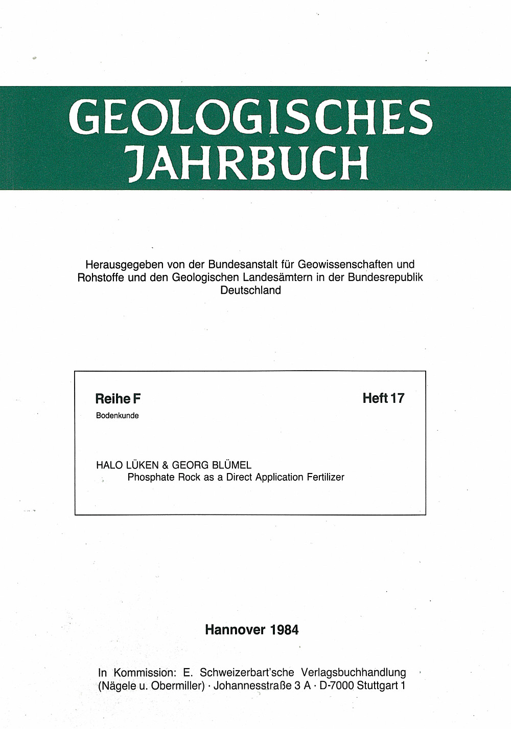 Umschlagbild des Buches: H. Lüken; G. Blümel - Phosphate rock as a direct application fertilizer Can it help to relieve food shortage in some low 
income developing countries?