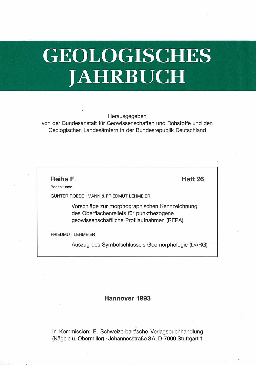 Umschlagbild des Buches: Günter Roeschmann; Friedmut Lehmeier - Vorschläge zur morphographischen Kennzeichnung des 
Oberflächenreliefs für punktbezogene geowissenschaftliche
Profilaufnahmen (REPA) Auszug des Symbolschlüssels Geomorphologie (DARG)