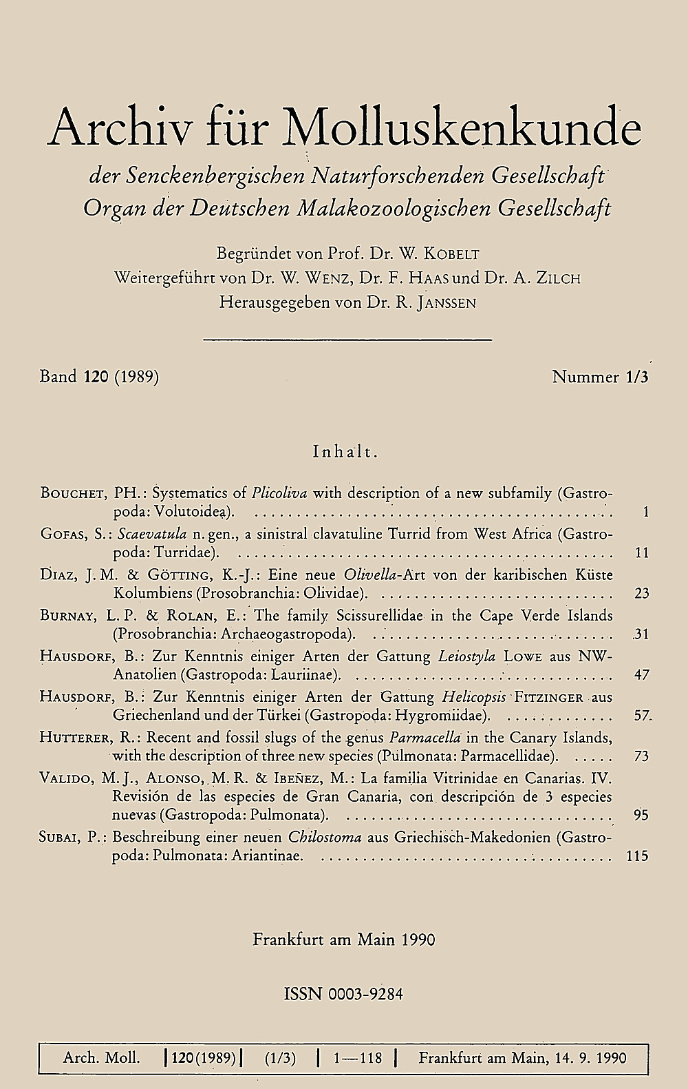 Umschlagbild des Buches: Archiv für Molluskenkunde Band 120 Heft 1-3