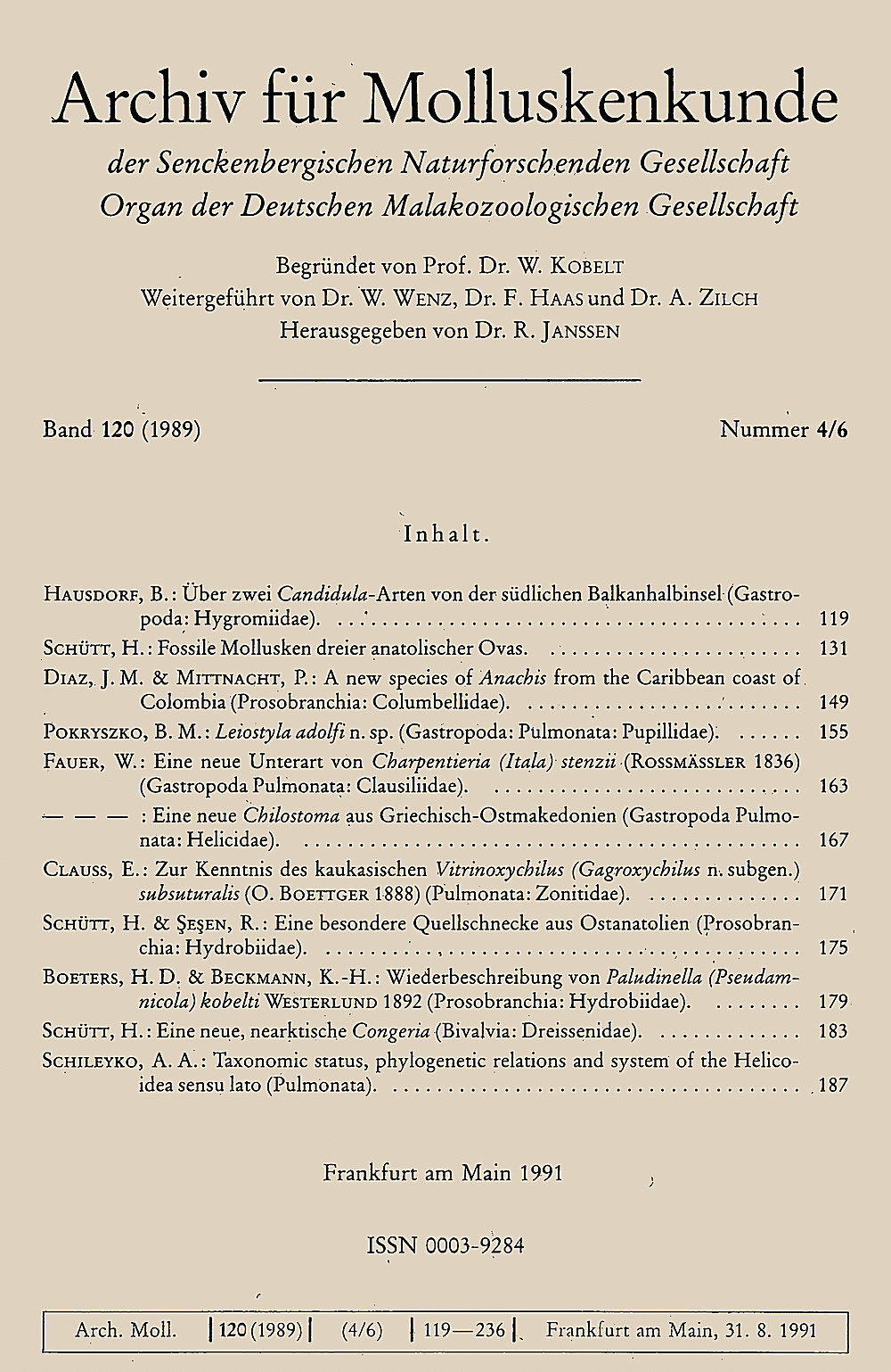 Umschlagbild des Buches: Archiv für Molluskenkunde Band 120 Heft 4-6