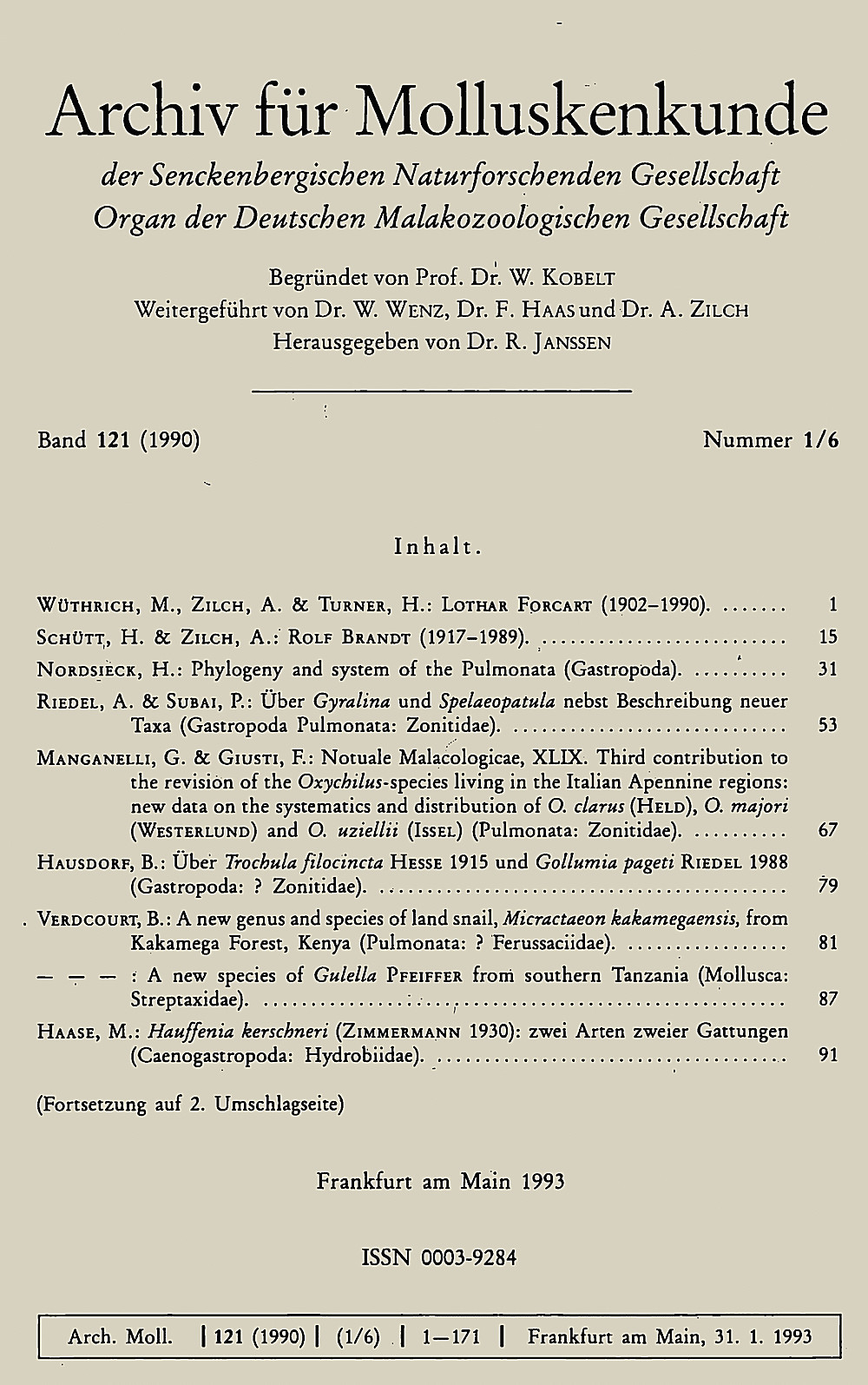 Cover image of: Archiv für Molluskenkunde Band 121 Heft 1-6